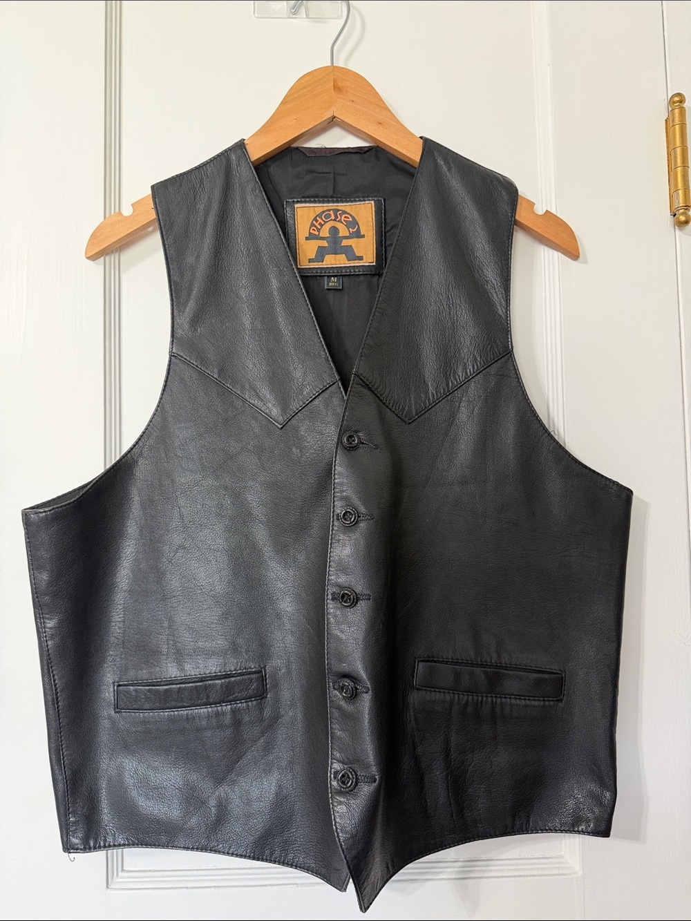 Vintage Black Leather Button-Front Men's Vest by